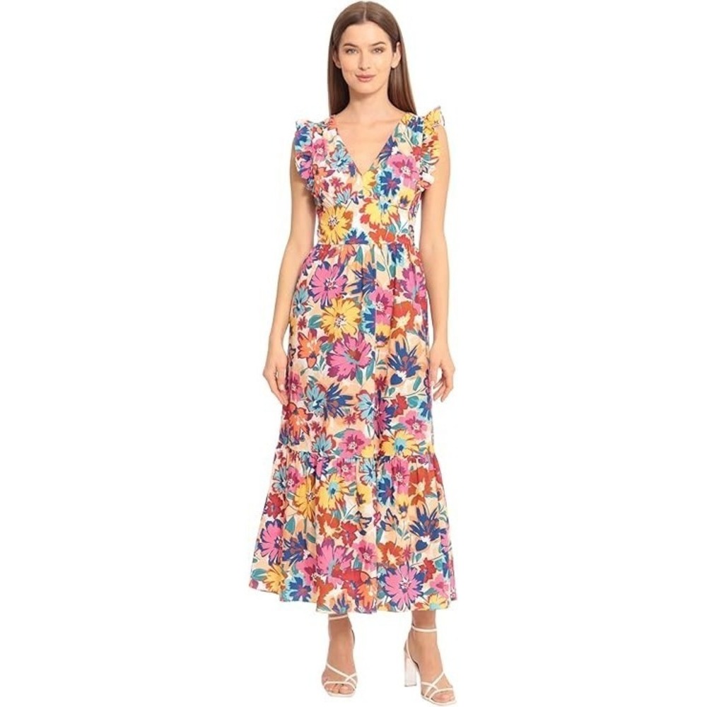 Maggy London Maxi Dress Size 8 Floral Cotton V-Neck Flutter Sleeve Lined Tiered